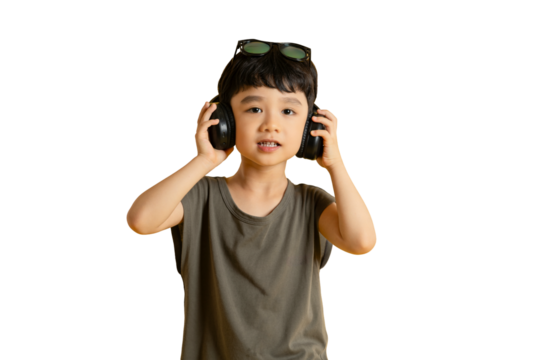 Asian young Asian boy wearing headphones and sunglasses with a neutral background. He is holding the headphones over his ears and looking directly at the camera.on PNG