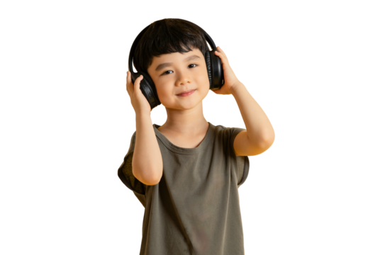 Asian young boy is happily listening to music, wearing headphones and smiling with a content expression.on PNG