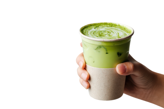 Hand holding a reusable eco cup filled with iced matcha on transparent background
