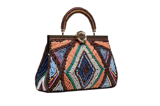 Beaded handbag with geometric design on black backdrop
