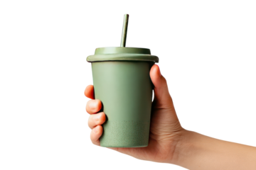 Hand holding a soft drink cup with straw and lid condensation on transparent background