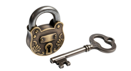 An antique padlock and key, symbols of security and mystery, isolated on transparent background a vintage artifact with intricate design and historical charm