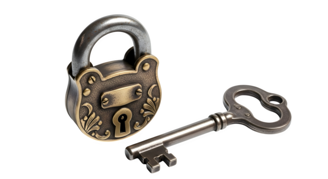 An antique padlock and key, symbols of security and mystery, isolated on transparent background a vintage artifact with intricate design and historical charm