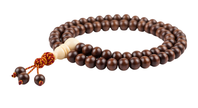 Buddhist prayer beads isolated on transparent background, a symbol of spirituality and meditation, showcasing the intricate details and serene essence in studio shot