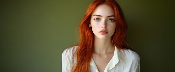 Fototapeta premium Young woman with long red hair poses against a neutral background in soft lighting during an indoor session