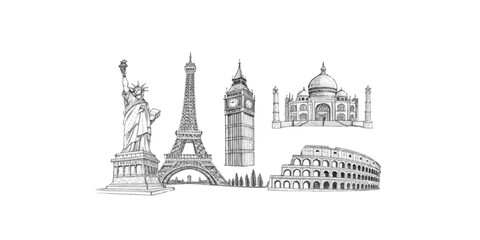 Print  Architectural Landmark Line Drawings &ndash; clean line art sketches of famous monuments like Eiffel Tower, Taj Mahal, Statue of Liberty, Big Ben, Colosseum, perfect for travel posters