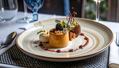 Exquisite Plated Dessert Featuring Caramel, Chocolate, and Blackberry Garnishing, Ready to Eat