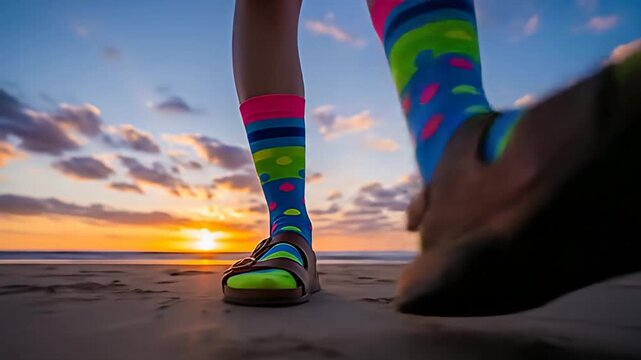 Colorful socks on a person's feet walking along a beach at sunset, with vibrant clouds