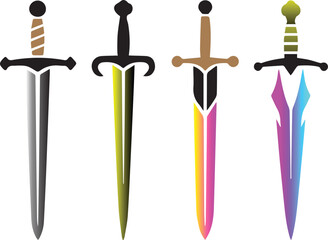Four distinct fantasy swords with unique blade designs and hilts