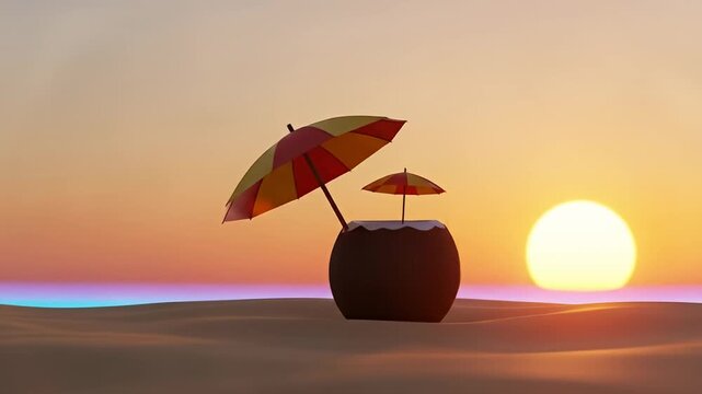 A serene sunset over a sandy beach featuring two colorful umbrellas atop coconut drinks