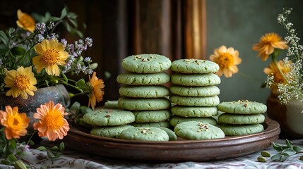 Beautifully arranged platter of pistachio cardamom cookies showcasing their green hue and delicate texture decorated with edible flowers placed on a patterned fabric backdrop