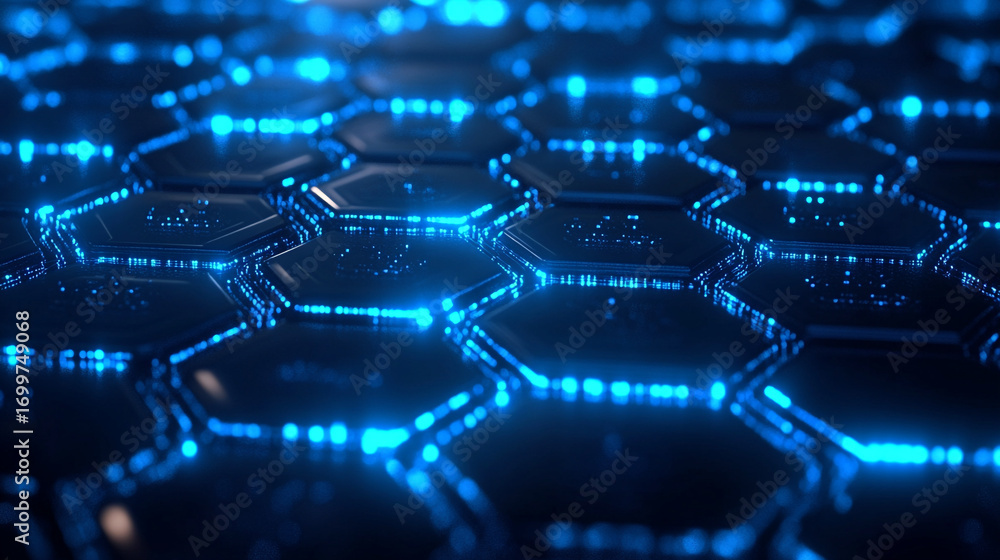 Poster abstract hexagonal blue glowing network technology background
