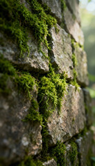 Moss-covered Stone Wall: A close-up shot revealing a rugged stone wall, its weathered surface adorned with vibrant green moss, showcasing the enduring beauty of nature's embrace.