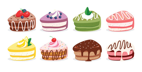 Birthday Cake clipart set. Slice of Birthday Cake elements clip art with chocolate and fruit flavor toppings for birthday party celebration sweet and yummy dessert collection vector illustration.
