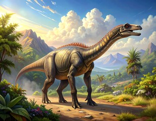 Majestic dinosaur in prehistoric landscape with towering mountains scenery