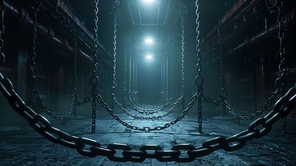 A dark industrial corridor with hanging chains and bright lights at the end of the passageway on transparent background silhouette