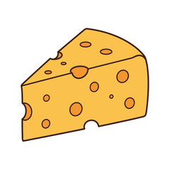 Cartoon Cheese Wedge with Holes and Brown Outline Isolated.