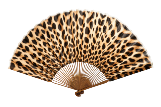 Leopard print hand fan on a black studio background
