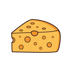 Cartoon Cheese Wedge with Holes and Brown Outlines on Yellow Surface.