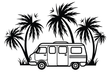 Caravan Silhouette with Palm Trees and White Background