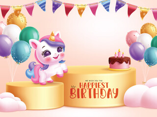 Birthday yellow podium clipart design. Wishing Happiest Birthday and cute unicorn, bunch of elegant balloons, cake and pennants elements for kids girl magical party celebration podium template vector 