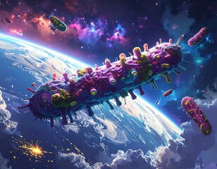 Microscopic invaders from outer space invading planet earth backdrop