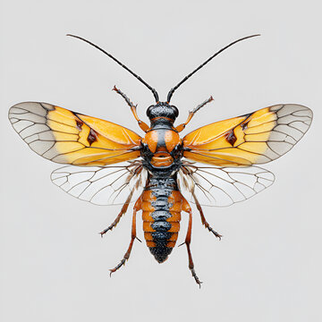 Vibrant Orange and Black Wasp with Transparent Wings Isolated on White Background
