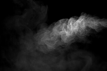 White smoke vapor isolated on black background, realistic steam effect for overlay, photo editing, graphic design, special effects, digital artwork, and atmospheric concept in creative projects.
