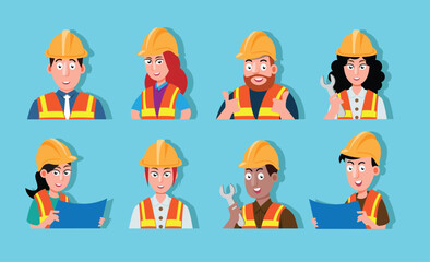 Construction workers characters with safety helmets