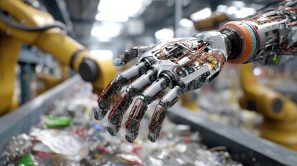 Engineer controlling robotic arms separating plastics and metals in a recycling plant, promoting circular economy and sustainability.