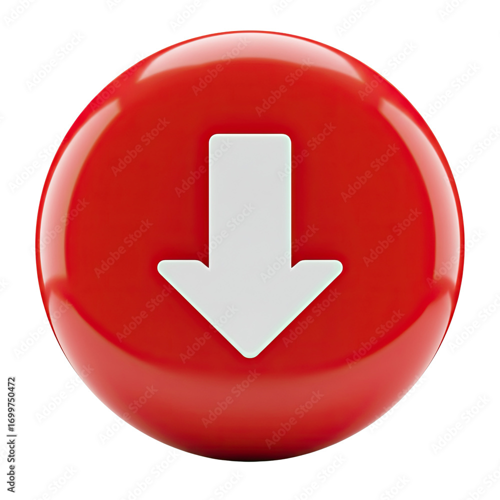 Poster glossy red circular button with a white down arrow icon isolated on transparent background