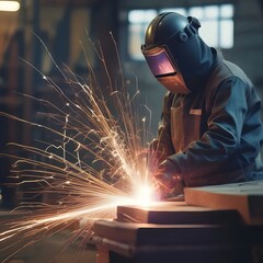 Welder Working with Protective Gear and Sparks Flying in Factory