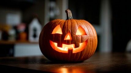 Fototapeta premium A pumpkin with a smiley face carved into it sits on a table
