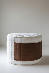 High Resolution Modern Mattress Photography with Cylindrical Shape, Soft Quilted White Fabric and Brown Accent End Piece on Plain Background