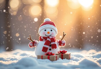 Minimalist abstract cute snowman with gifts for happy christmas and new year festival wallpaper