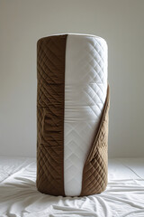 High Resolution Modern Mattress Photography with Cylindrical Shape, Soft Quilted White Fabric and Brown Accent End Piece on Plain Background