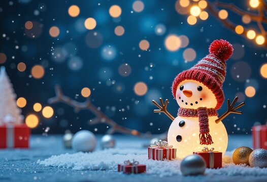 Minimalist abstract cute snowman with gifts for happy christmas and new year festival wallpaper - Powered by Adobe