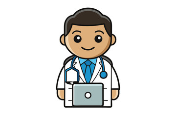 Fototapeta premium Cartoon Male Doctor with Laptop, Smiling Face, and White Coat on White Background