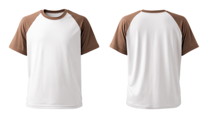 Front and back view of a plain white t-shirt with brown raglan sleeves