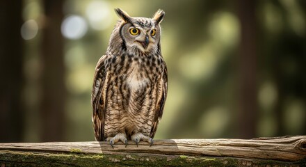 Fototapeta premium Majestic Great Horned Owl Perched on Mossy Log, Serene Forest Backdrop, Captivating Gaze