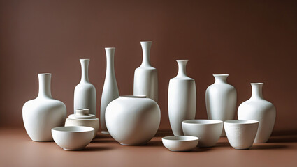Contemporary Still Life of White Ceramic Tableware, Smooth Matte Surface Vases and Bowls with Soft Lighting and Clean Modern Aesthetic