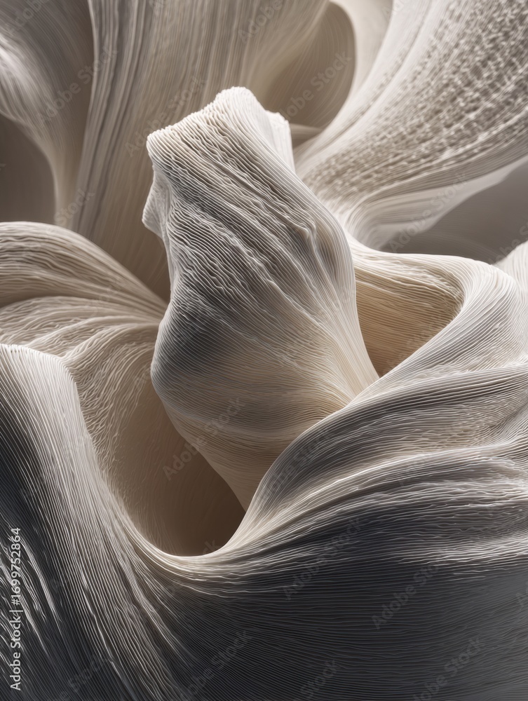 Poster intricate white textile pattern showcasing fluid motion and elegant curves under soft lighting