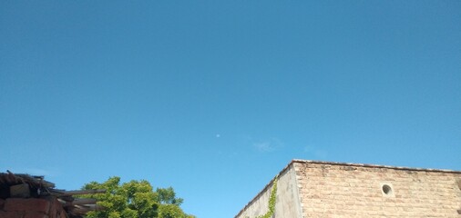 clear blue sky with rustic buildings and green tress, outdoor nature 