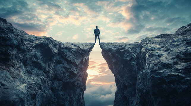 Businessman standing on a cliff overlooking a sunset a symbol of overcoming challenges and achieving success