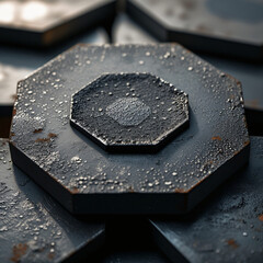 Macro Photography of Hexagonal Steel Plate Featuring Central Hexagon and Weathered Matte Surface with Grainy Rust Texture for Industrial Design
