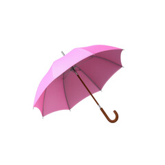 Pink umbrella with wooden handle isolated on white background. Stylish accessory for rain protection, fashion, lifestyle, and weather concepts.
