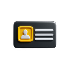 Minimal 3D black ID card with yellow frame and white profile icon isolated on a black background. Represents personal identity, access, membership, and verification.
