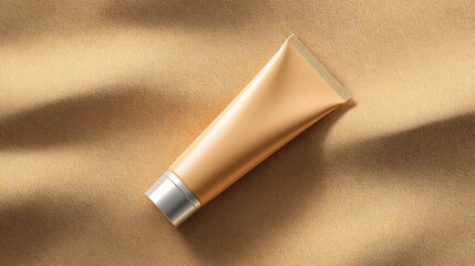 Elegant beige tube of cream on soft brown surface, showcasing simplicity and luxury.