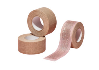 Two rolls of adhesive tape, one light beige, one pinkish-glittery, are displayed.  The beige tape is in a stacked,  circular form.  The pink tape is shown in a long, ribbon-like shape