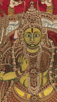 Close-up view on Ramapattabhisheka tableau. scene has Rama and Sita on throne. couple is flanked by Ramas brothers, Vibhishana, allies, rishis, kings, and noblemen